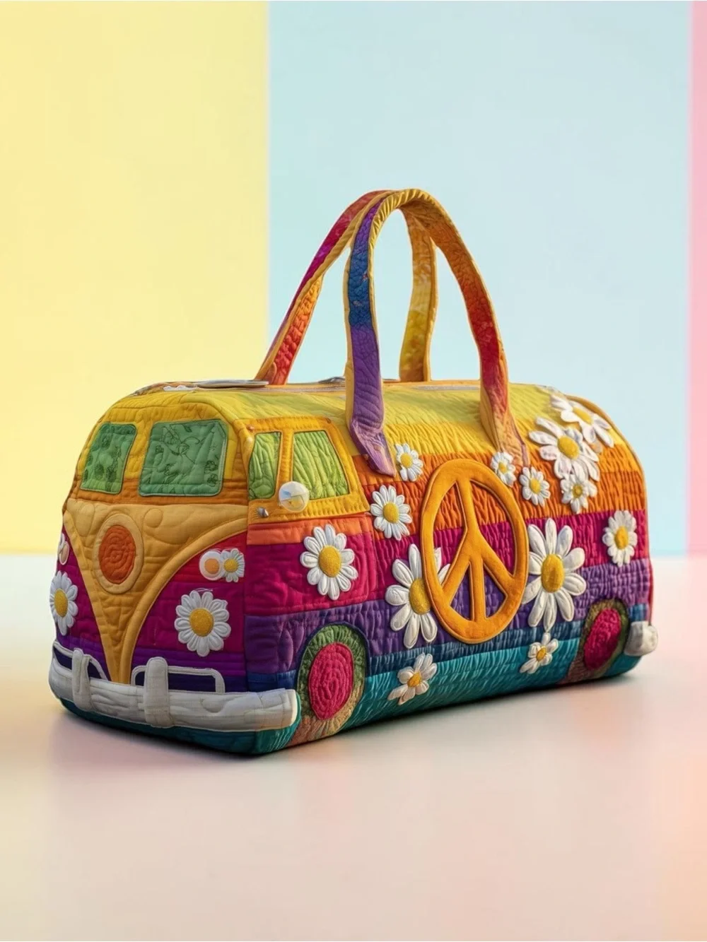 Hippie Van Quilted Duffel Bag Retro 70s Boho Peace Sign Weekender Travel Tote